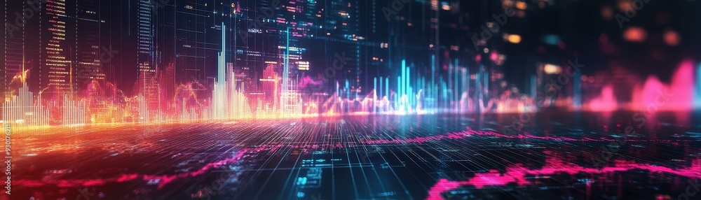 Futuristic Digital Cityscape with Neon Lights and Data Visualization Elements Futuristic Digital Cityscape with Neon Lights and Data Visualization Elements