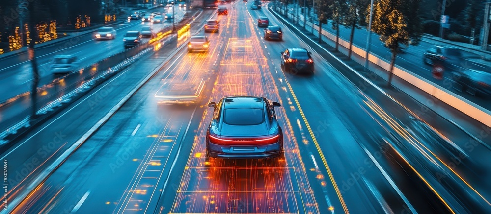 Fototapeta premium Futuristic Electric Car Driving on a Smart Highway with Digital Light Trails at Dusk