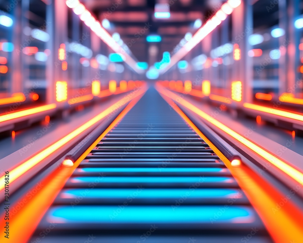 Futuristic conveyor belt with vibrant neon lights creating a captivating visual effect in a modern industrial setting. Futuristic conveyor belt with vibrant neon lights creating a captivating visual effect in a modern industrial setting.