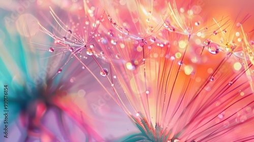 Photo of a colorful fantasy collage of dandelion seeds and raindrops.