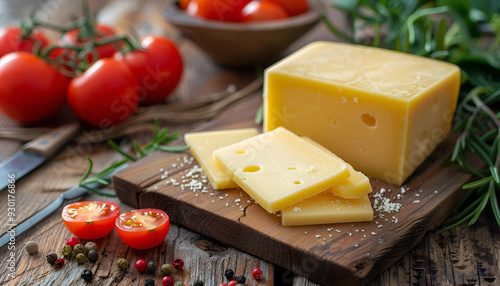 cheese and tomatoes on wooden desk close-up