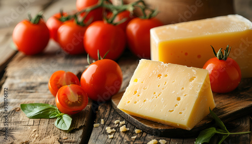 cheese and tomatoes on wooden desk close-up