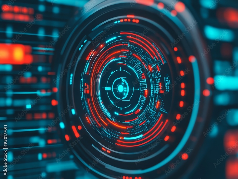 Obraz premium Futuristic digital interface showcasing vibrant blue and red circular patterns, embodying technology and innovation.