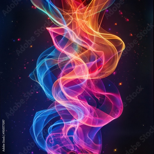 Colorful wisps of light dance against a dark backdrop, creating a mesmerizing swirling pattern in vibrant hues