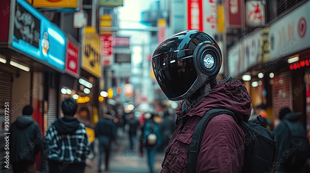 Urban Android in Distressed Style: Perfect Poster for Sports Interior, Showcasing a Sleek Black-Headed Figure in a Bustling City Alley with Vibrant Signage and Edgy Street Fashion. Urban Android in Distressed Style: Perfect Poster for Sports Interior, Showcasing a Sleek Black-Headed Figure in a Bustling City Alley with Vibrant Signage and Edgy Street Fashion.