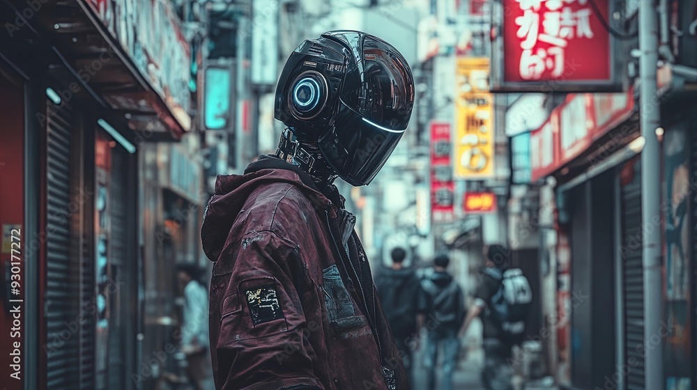 Urban Android in Distressed Style: Perfect Poster for Sports Interior, Showcasing a Sleek Black-Headed Figure in a Bustling City Alley with Vibrant Signage and Edgy Street Fashion. Urban Android in Distressed Style: Perfect Poster for Sports Interior, Showcasing a Sleek Black-Headed Figure in a Bustling City Alley with Vibrant Signage and Edgy Street Fashion.