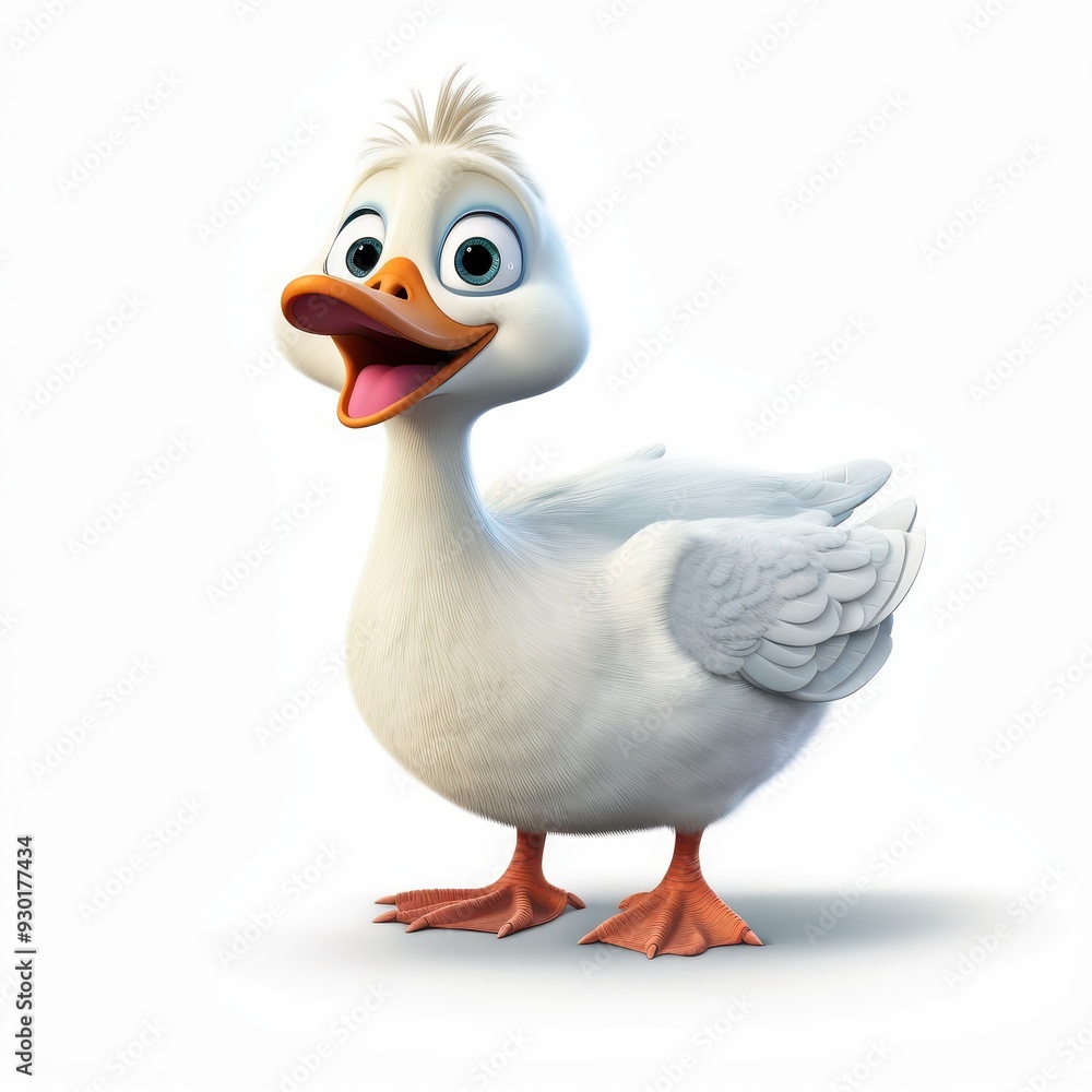 A cheerful animated white duck with big eyes and a joyful expression standing against a plain background, radiating happiness in a playful moment A cheerful animated white duck with big eyes and a joyful expression standing against a plain background, radiating happiness in a playful moment