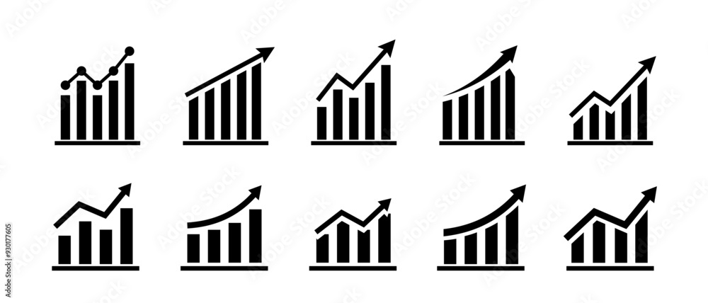 Growing graph set. Growth success arrow icon. Growing graph icon set. Growth chart icon. Growing bar graph. Vector illustration. Growing graph set. Growth success arrow icon. Growing graph icon set. Growth chart icon. Growing bar graph. Vector illustration.