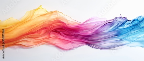  Multicolored wave of smoke against white backdrop, formed as a rainbow hue by its constituent colors