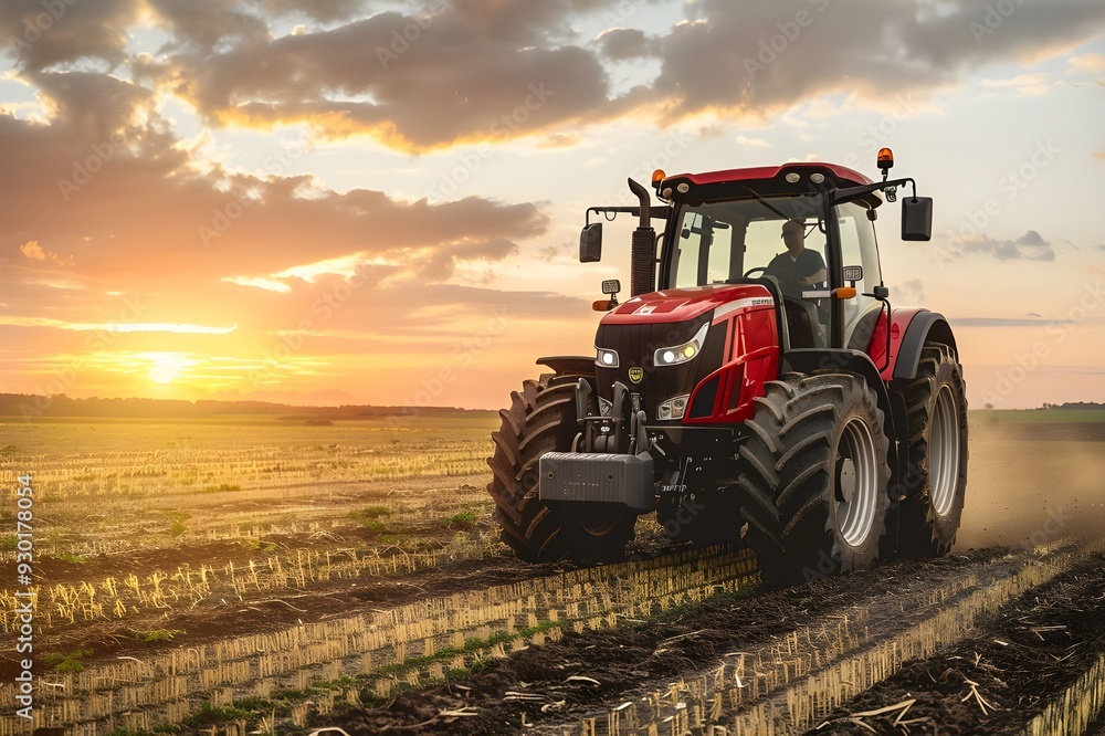 Tractor in a wide agricultural field at sunset. Generated AI Tractor in a wide agricultural field at sunset. Generated AI
