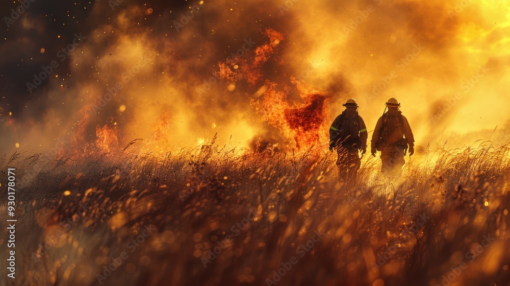 Fototapeta premium Firefighters walking through smoldering grass (focus on, firefighting scene, whimsical, Multilayer, Rural landscape)
