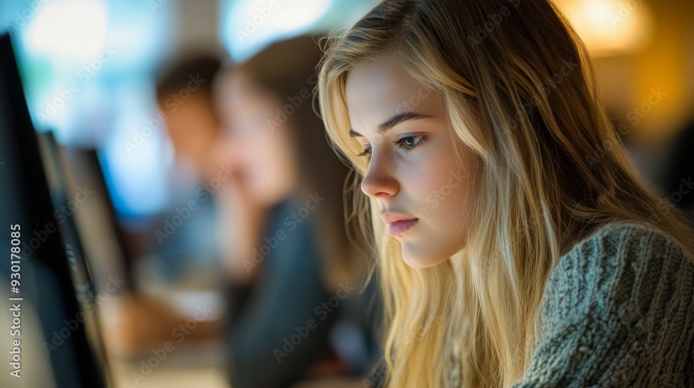 A young woman is intently studying on a computer, surrounded by other students in a buzzing library atmosphere A young woman is intently studying on a computer, surrounded by other students in a buzzing library atmosphere