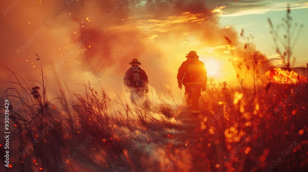 Firefighters walking through smoldering grass (focus on, firefighting scene, whimsical, Multilayer, Rural landscape) Firefighters walking through smoldering grass (focus on, firefighting scene, whimsical, Multilayer, Rural landscape)