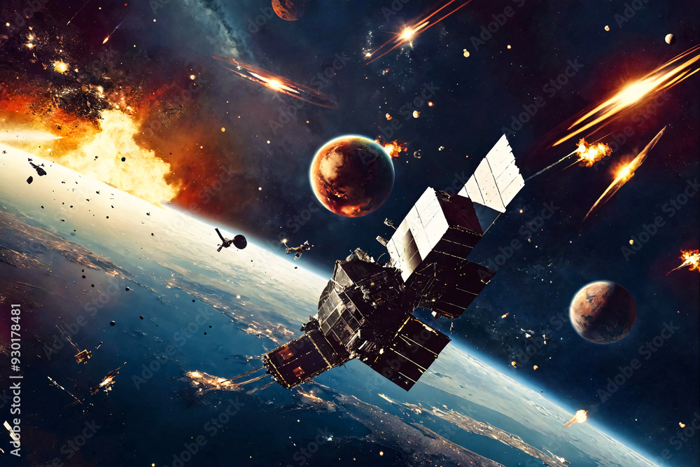 War of satellites in Earth orbit. Crash and destruction. Computer graphic illustration. War of satellites in Earth orbit. Crash and destruction. Computer graphic illustration.