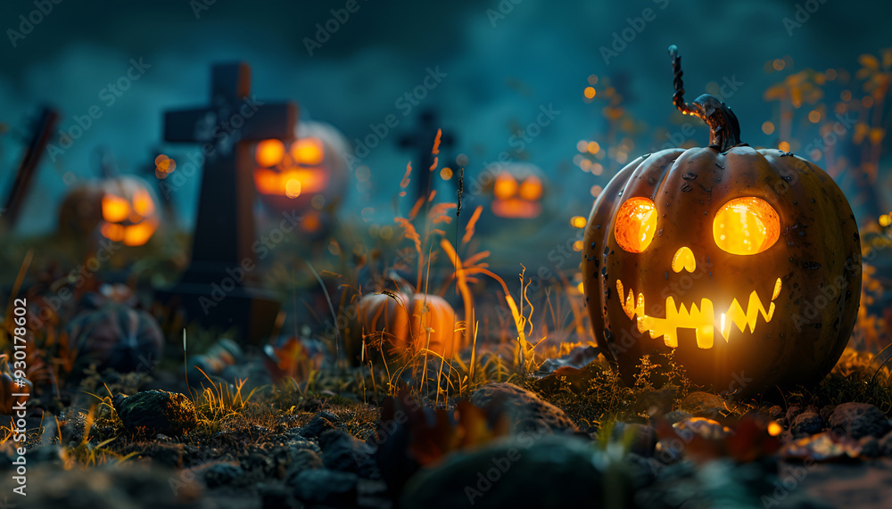 Fototapeta premium pumpkins in graveyard in the spooky night