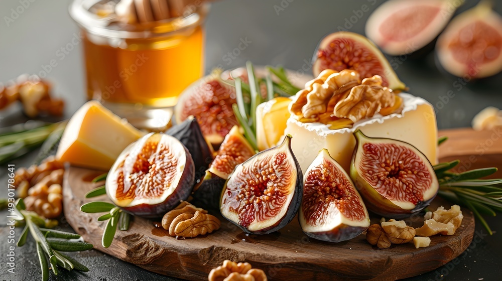 Artisanal Cheese and Fruit Platter with Honey and Nuts Beautifully Presented on a Wooden Board Artisanal Cheese and Fruit Platter with Honey and Nuts Beautifully Presented on a Wooden Board