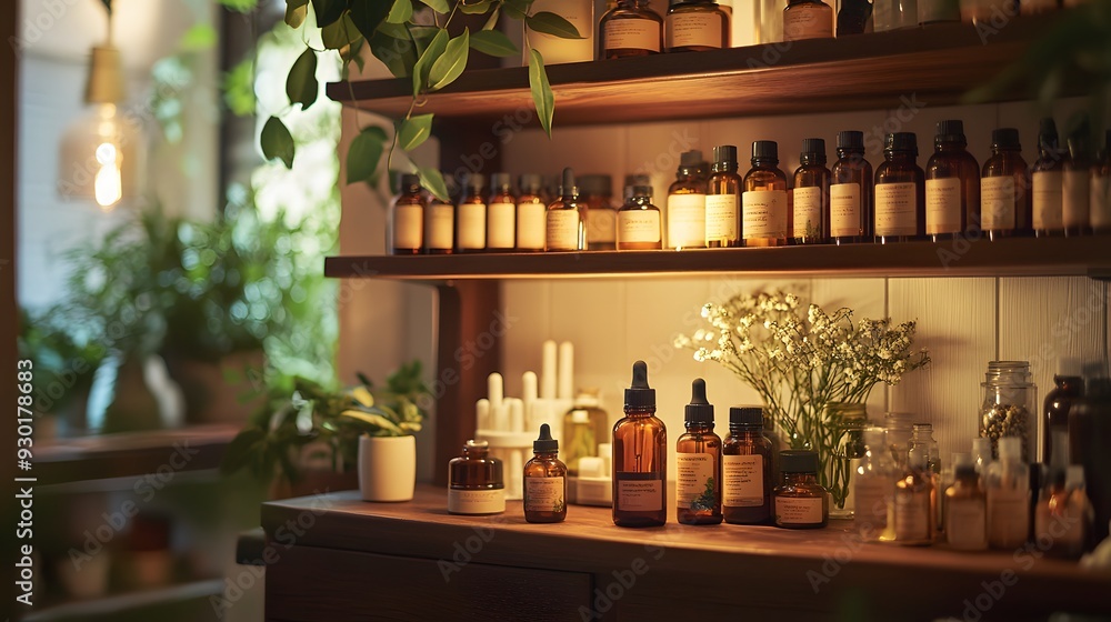 A home wellness center with a focus on cold and flu season, soft, warm lighting highlighting a display of essential oils, herbal remedies, and vitamin C supplements, relaxing and health-conscious A home wellness center with a focus on cold and flu season, soft, warm lighting highlighting a display of essential oils, herbal remedies, and vitamin C supplements, relaxing and health-conscious
