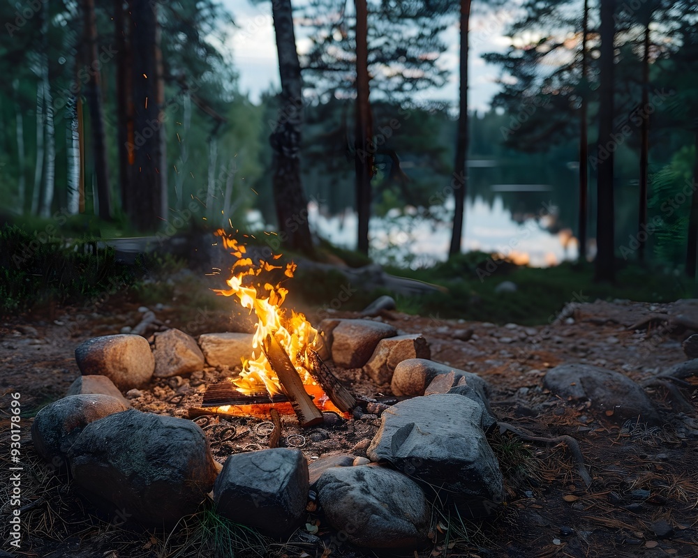 Cozy Campfire in Serene Forest Landscape at Dusk with Dancing Flames Cozy Campfire in Serene Forest Landscape at Dusk with Dancing Flames