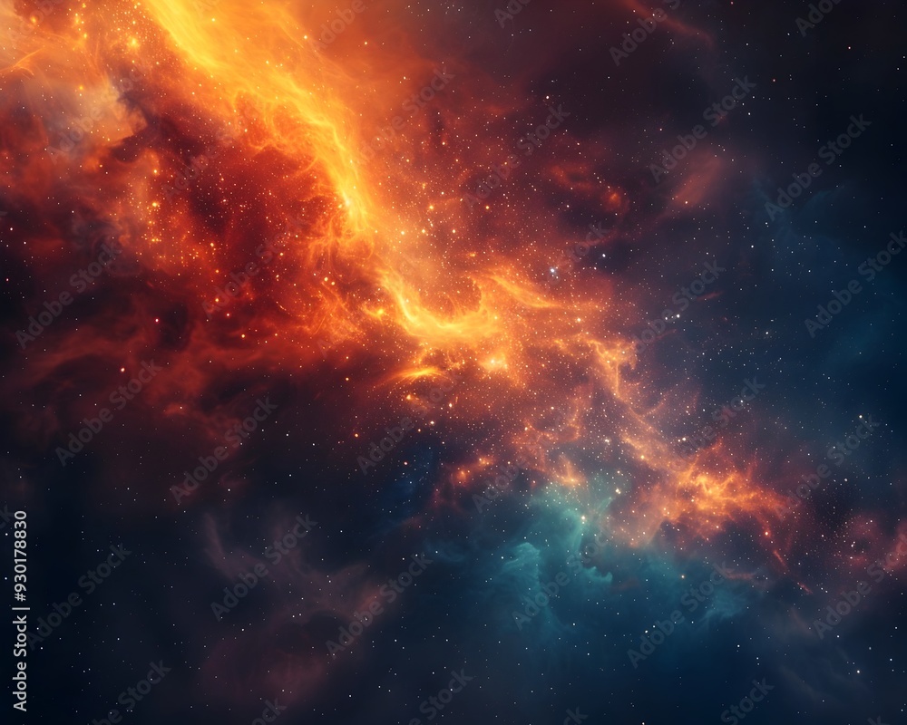 Obraz premium Fiery Cosmic Explosion Vibrant Galactic Gas Clouds and Stars in the Background