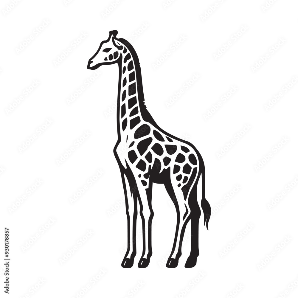 Naklejka premium Giraffe Outline Design, Giraffa Clipart, A Quiet Observer Giraffe Illustration black and white 