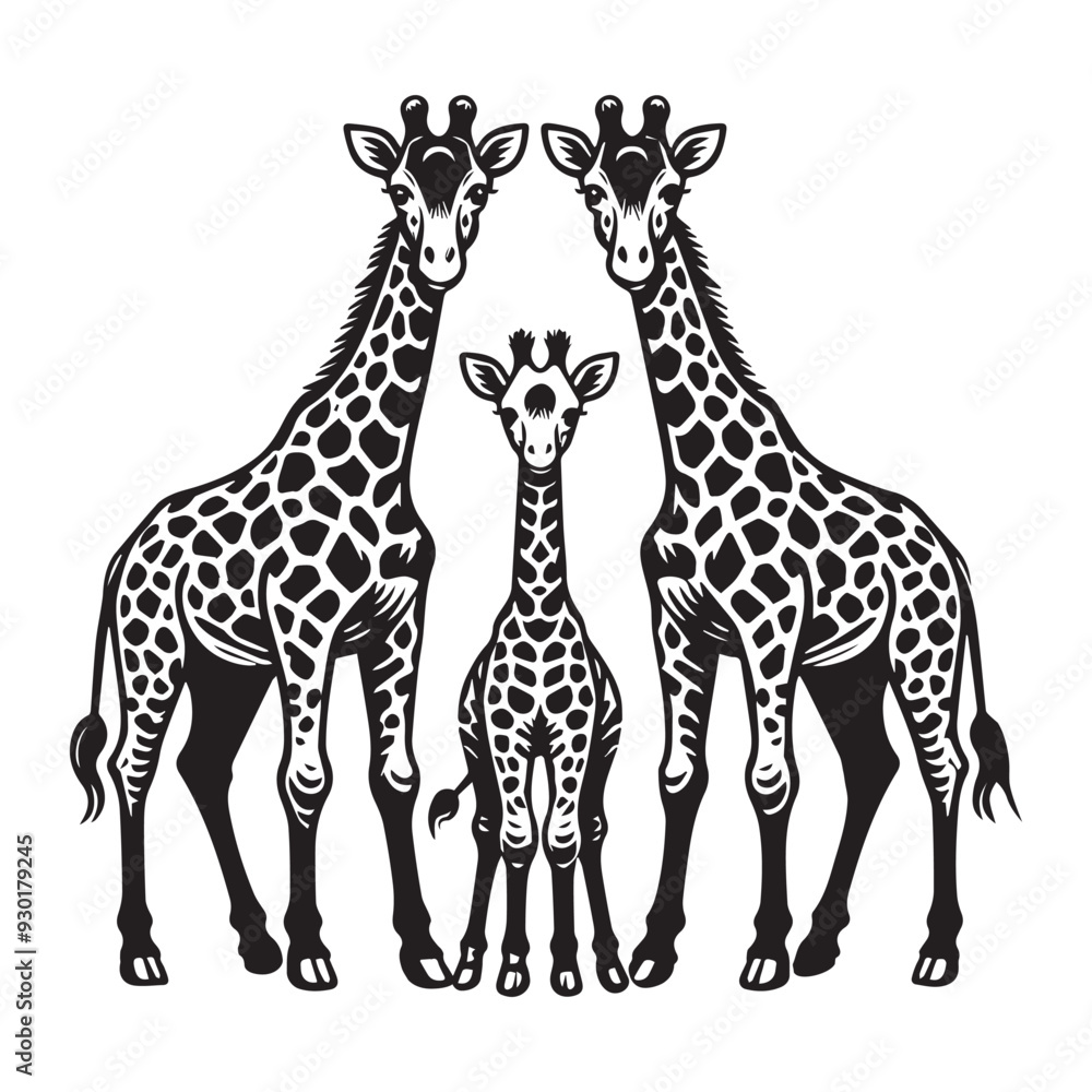 Fototapeta premium Giraffe Outline Design, Giraffa Clipart, Giraffe Family Illustration black and white 