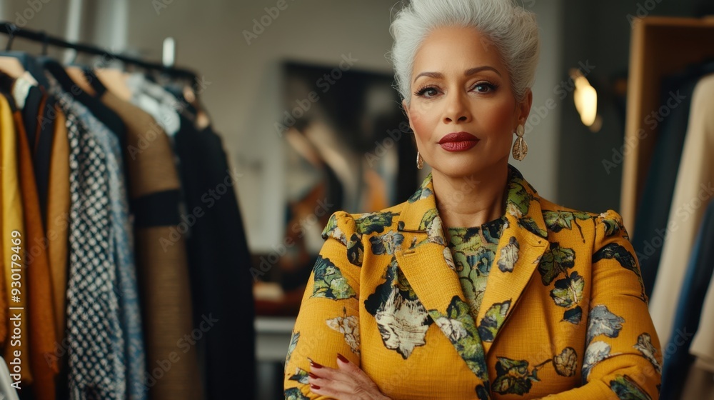 Elegant Senior Woman in Stylish Butterfly Motif Dress at Fashion Boutique Elegant Senior Woman in Stylish Butterfly Motif Dress at Fashion Boutique