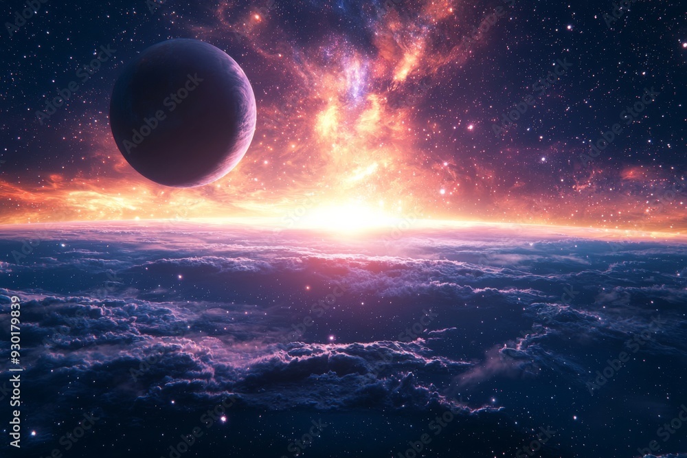 Space cosmic illustration with planets scene created with Generative AI Space cosmic illustration with planets scene created with Generative AI