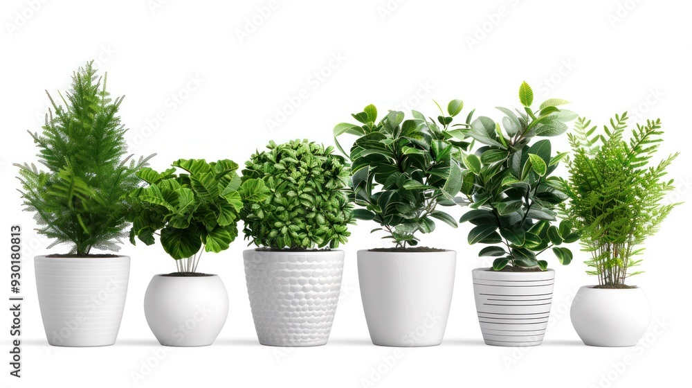 Fototapeta premium Collection of ornamental plants in white pots, isolated on a transparent background. PNG,
