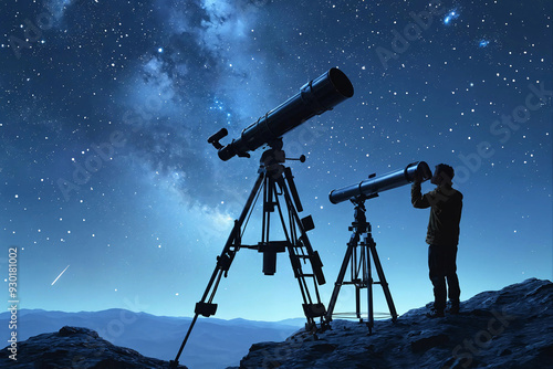 Refracting and reflector telescopes in starry night sky scape. Skywatcher near reflector telescope. Computer graphic image. photo