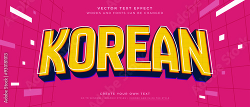 Korean style text effect on pink background, yellow and blue vector graphic style