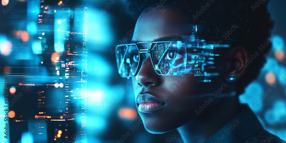 An ultra-realistic, editorial photo of a female cybersecurity analyst examining AI cyberspace threats on a computer screen in a dark, digital tech office or data center. The scene features blue lighti An ultra-realistic, editorial photo of a female cybersecurity analyst examining AI cyberspace threats on a computer screen in a dark, digital tech office or data center. The scene features blue lighti