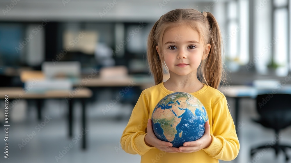 A young girl in yellow holds a globe, showcasing continents and oceans, with sunlight illuminating her joyful expression in an office setting A young girl in yellow holds a globe, showcasing continents and oceans, with sunlight illuminating her joyful expression in an office setting