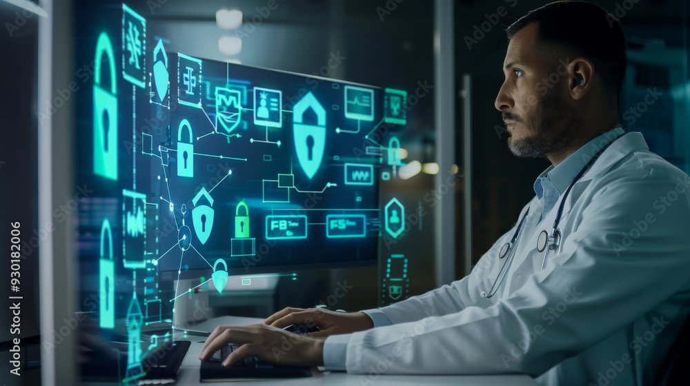 Portrait of a scientist in a white coat working in a modern secure laptop computer with a large screen. Science and healthcare concept. Portrait of a scientist in a white coat working in a modern secure laptop computer with a large screen. Science and healthcare concept.