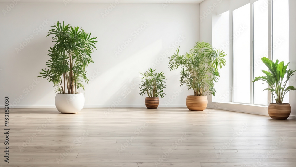 Empty white room with a wooden floor and plants Empty white room with a wooden floor and plants