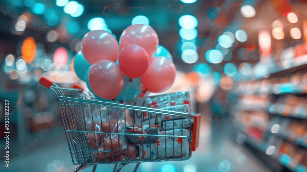Gifts and balloons in a cart under store lights (selective focus, holiday cheer, ethereal, Manipulation, Supermarket) Gifts and balloons in a cart under store lights (selective focus, holiday cheer, ethereal, Manipulation, Supermarket)
