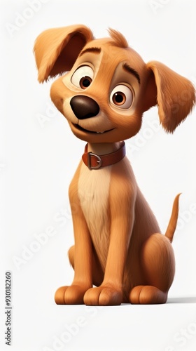 A playful cartoon puppy with big eyes and a friendly grin, sitting happily against a clean background