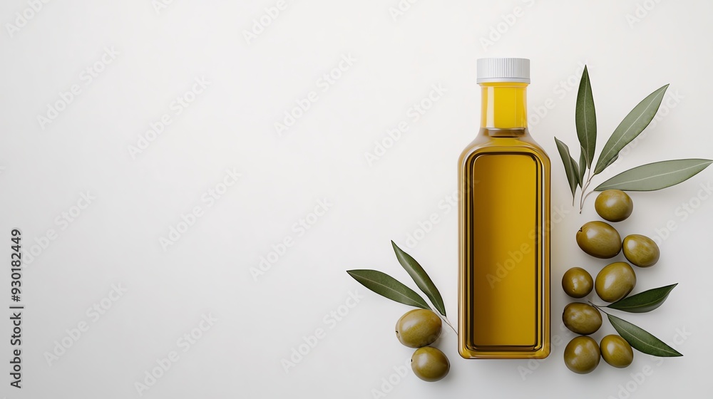 A bottle of olive oil with fresh olives and leaves, perfect for culinary and health-related imagery. A bottle of olive oil with fresh olives and leaves, perfect for culinary and health-related imagery.