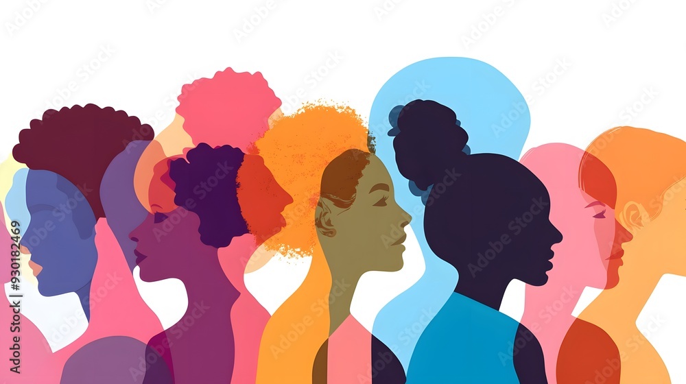 Silhouettes of diverse women in a row, each in a different color. Silhouettes of diverse women in a row, each in a different color.