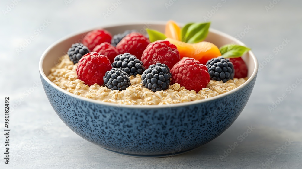 A bowl of oatmeal topped with fresh berries and a slice of fruit, perfect for a healthy breakfast or snack option. A bowl of oatmeal topped with fresh berries and a slice of fruit, perfect for a healthy breakfast or snack option.