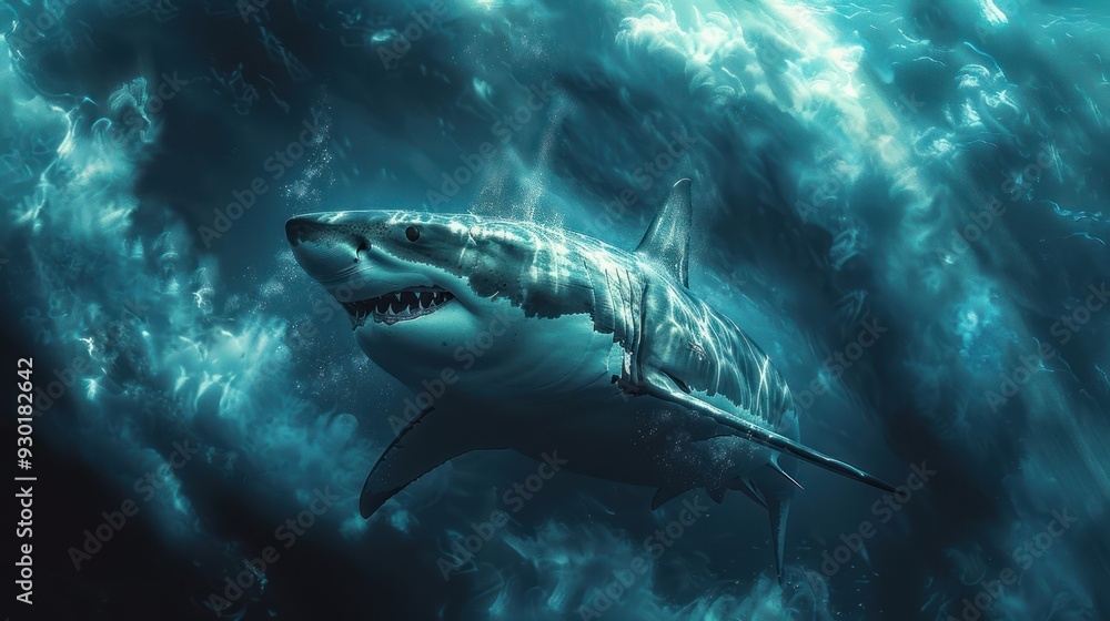 Fototapeta premium Great white shark navigating the deep blue (selective focus, marine power, ethereal, Manipulation, Underwater canyon)