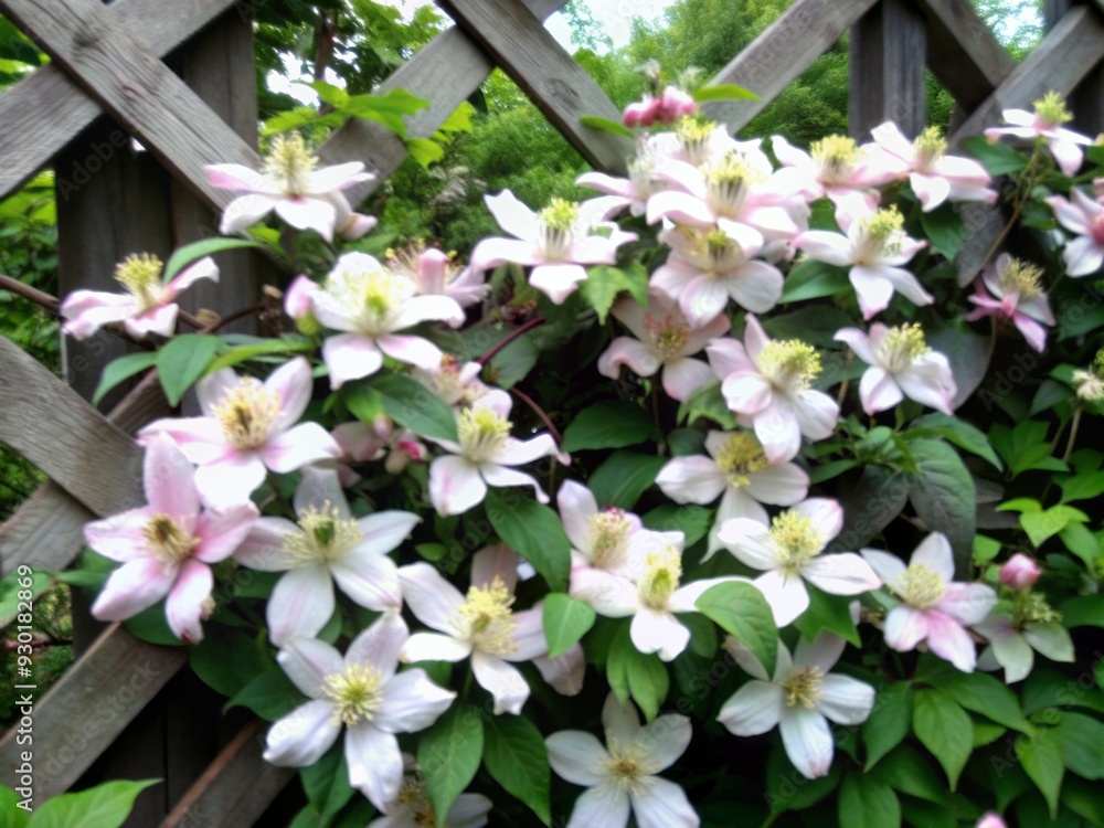 Delicate white flowers with soft pink centers bloom among lush green foliage on a rustic wooden trellis, surrounded by lush vines of Clematis Lanuginosa creeper. Delicate white flowers with soft pink centers bloom among lush green foliage on a rustic wooden trellis, surrounded by lush vines of Clematis Lanuginosa creeper.