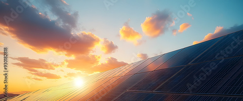 "Photovoltaic Panels in the Foreground with a Blue Sky and Clouds in the Background"