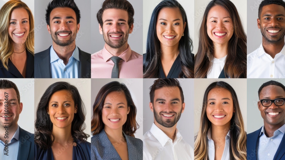 Diverse group of professionals smiling with confidence in a modern studio setting during a team photo shoot Diverse group of professionals smiling with confidence in a modern studio setting during a team photo shoot