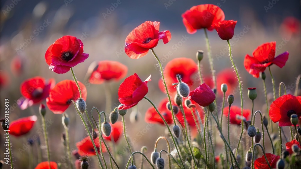 Fototapeta premium Vibrant red poppy flowers sway gently in the breeze, filling a serene landscape with a poignant reminder of sacrifice and remembrance for fallen heroes.