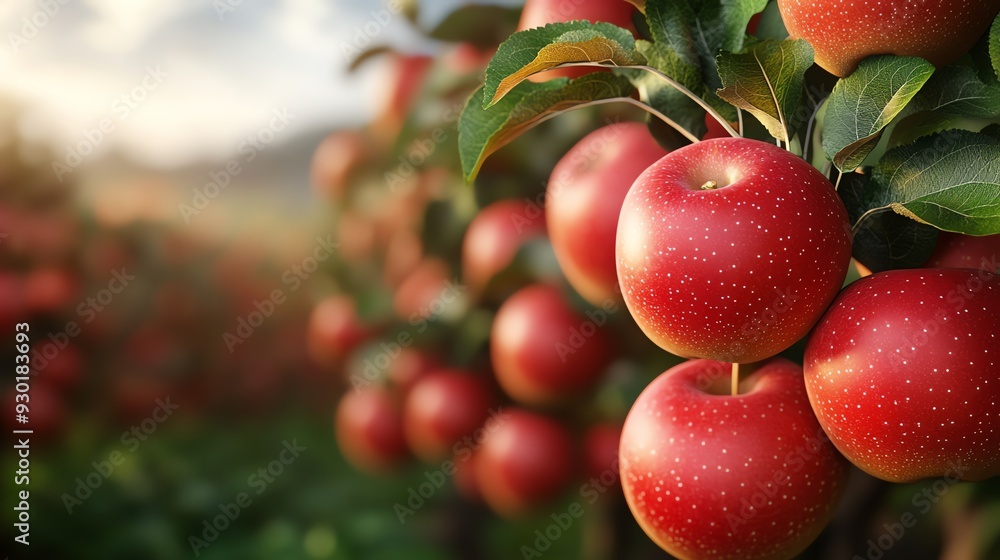 Vibrant red apples hanging on a tree branch, illuminated by soft sunlight in a lush orchard, showcasing nature's bounty. Vibrant red apples hanging on a tree branch, illuminated by soft sunlight in a lush orchard, showcasing nature's bounty.
