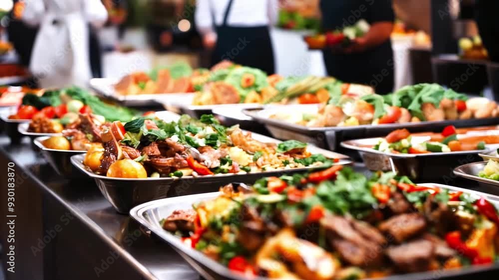 Catering buffet food. Delicious colorful meat and vegetable dishes on festive party background Catering buffet food. Delicious colorful meat and vegetable dishes on festive party background