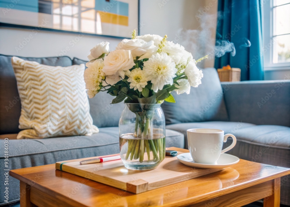 Cozy morning ambiance: white bouquet in glass vase on wooden coffee table, surrounded by soft sofa, wooden tray, and steaming white mug, natural light pours in. Cozy morning ambiance: white bouquet in glass vase on wooden coffee table, surrounded by soft sofa, wooden tray, and steaming white mug, natural light pours in.