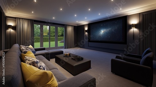 A cozy home cinema features plush armchairs, a large screen, and an LED panel depicting a starry sky, creating a perfect movie-watching atmosphere