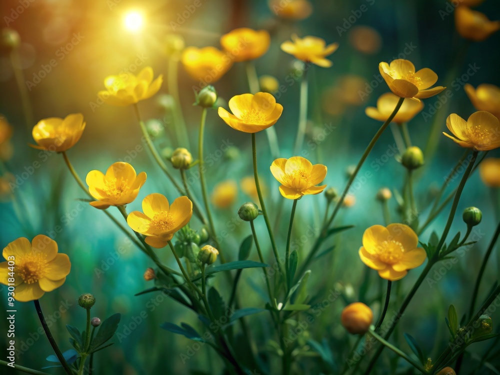 Vibrant yellow buttercup flowers sway gently in a serene field, bathed in soft, warm light, casting a peaceful atmosphere with subtle shadows and textures. Vibrant yellow buttercup flowers sway gently in a serene field, bathed in soft, warm light, casting a peaceful atmosphere with subtle shadows and textures.