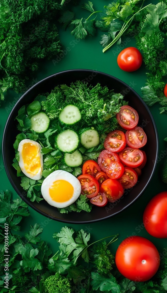 Fresh vegetables and egg in a green bowl, perfect for a healthy diet or salad inspiration. Fresh vegetables and egg in a green bowl, perfect for a healthy diet or salad inspiration.